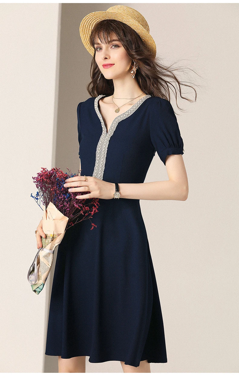New Fashion Women Vintage V-neck Dress Solid Beading Casual A-Line Dress Female Short-sleeve Elegant Dress