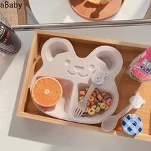 Vajilla de paja de trigo para niños y bebés, juego de cubiertos con tenedor, cuchara, plato Biodegradable, vajilla de alimentación de aprendizaje