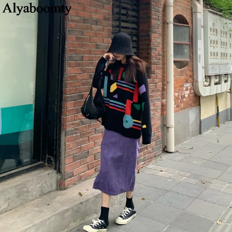 Корейская Ulzzang Осенняя Весенняя женская юбка миди с высокой талией фиолетовая Вельветовая прямая юбка с разрезом женская элегантная женская юбка