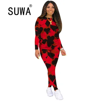 

Sportwear Poker Car Print Women Clothing Sets Two Piece Set Long Sleeve Tee Tops Pants Suit Tracksuit Matching Set Casual Outfit