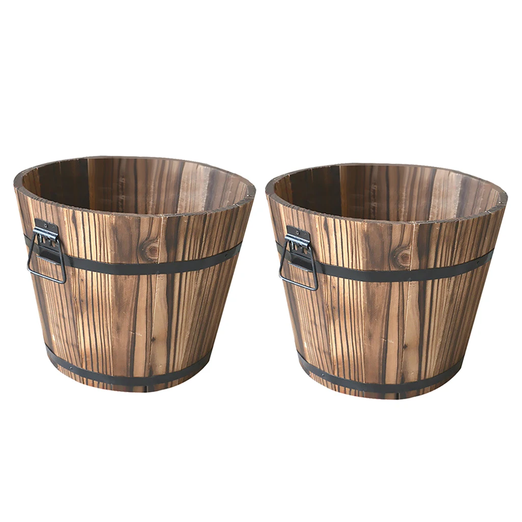 2x Wooden Bucket Barrel Planters Rustic Succulent Planter Box Barrels Flower Pot