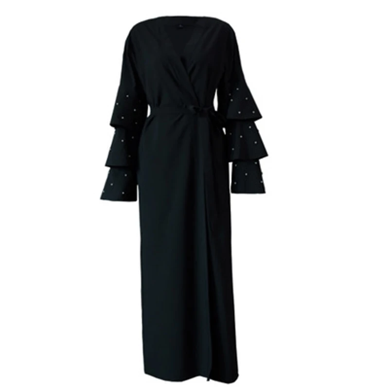 

S-4XL Dubai Open Abaya For Women Black Beaded Full Pearl Flared Cardigan Plus Size Muslim Women femmes Long Dress Robe Jilbab