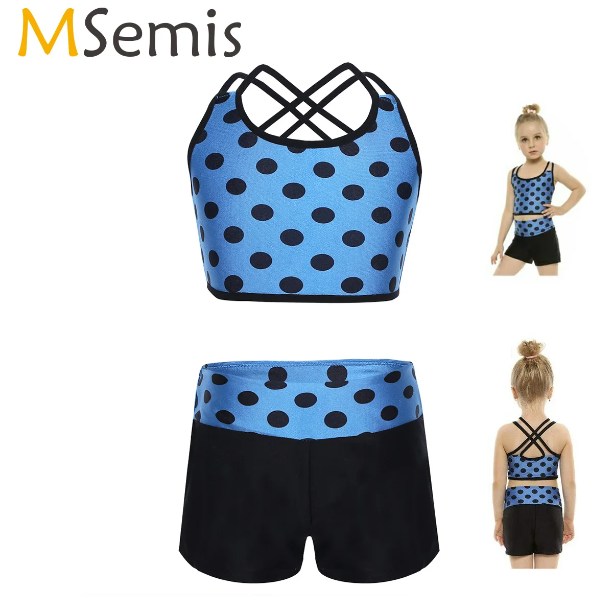 Nimiya Children Girls Two Piece Sequins Ballet Dance Gymnastic Outfits Tankini Set Criss Cross Back Top Tanks with Bottoms