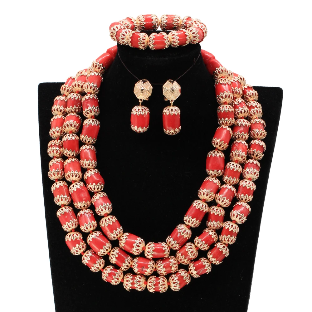 

Natural African Coral Beads Jewelry Set 3 Layers Luxury Dubai Gold Nigerian Wedding Jewelry Set for Women ABG060