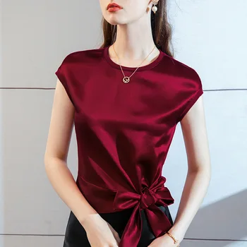 

Acetate Satin Short-Sleeved T-shirt Women's 2020 Summer Stitching Silky Shoulder Lace-up Bow Design Top