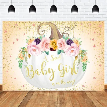 

Sweet Baby Girl on the Way Backdrop Princess Baby Shower Photo Background Gold Glitter Newborn Star Floral Baby Pumpkin Backdrop