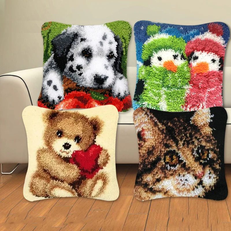  Cute Animal Series Latch Hook Pillow Kits DIY Segment Embroidery Materials Package Coarse Wool Cros - 4000211192735