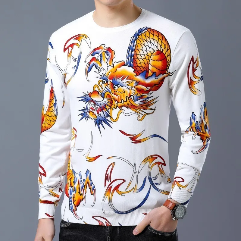 Black Принт дракона Trui Erkek Kazak Wit Geel Zwart Trui Mannen Mode Trui Slanke Fit Pull Homme Chompas Hombre Kleding - Цвет: Black