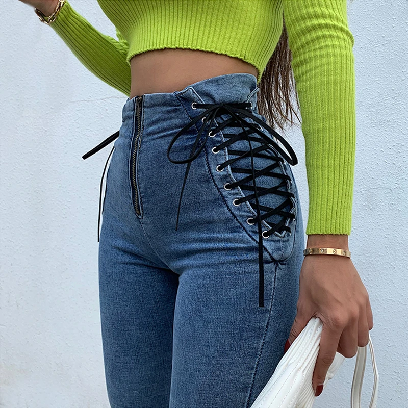 lace up zipper jeans