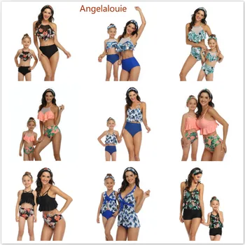 

Mother Daughter Swimsuit Panda in Mommy and Me Swimsuit printing piece double lotus leaf Parent-Child Swimwear Family matching