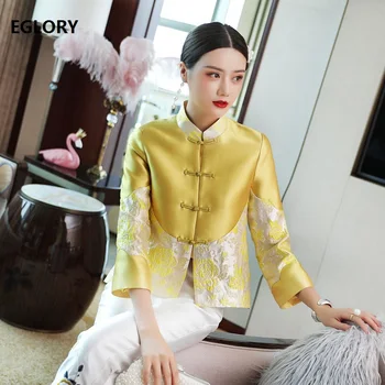 

Tops Coat 2019 Autumn Elegant Yellow Pink Coat Women Vintage Jacquard Print Single Breasted Long Sleeve Jacket Coat 50s 60s XXL