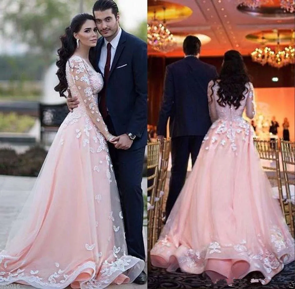 

Vestdio De Novia Sheer Long Sleeves Arabic Prom Dresses Scoop Neck Over skirts Train Lace Appliques Pink Formal Evening dress