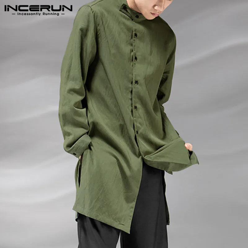 

INCERUN Autumn Casual Men Solid Color Long Sleeve Fashion Muslim Kaftan Long Shirt Joker Retro Cotton Button Mens Blouse 2020