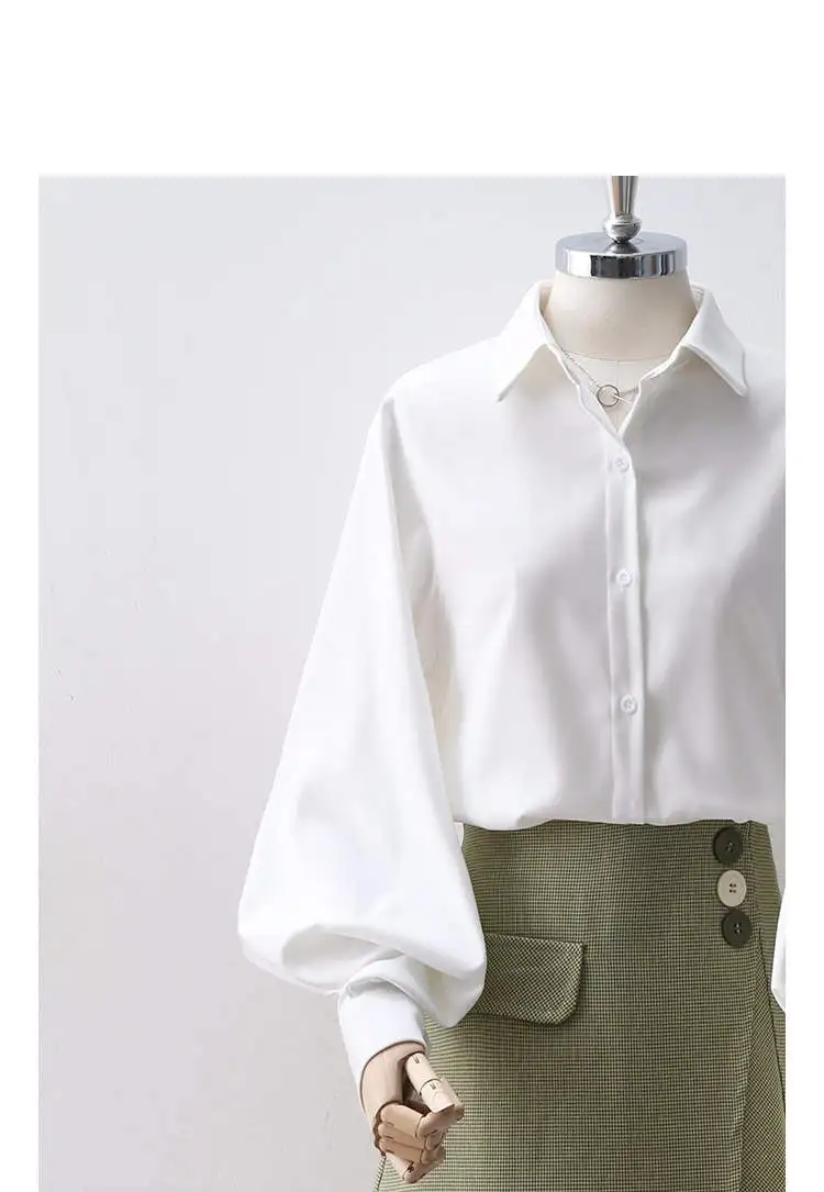 Shirts Women Lantern Sleeve Loose Turn-down Collar Simple Solid Feminino Blouses Minority Korean Style Autumn All-match Fashion