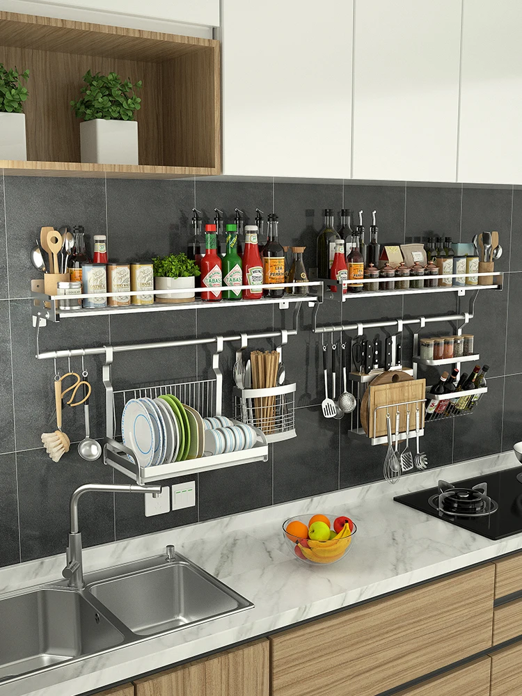 

Kitchen rack stocking rack 304 stainless steel hanging rod wall hanging rack wall free punch hanging rack hanger hanging pieces