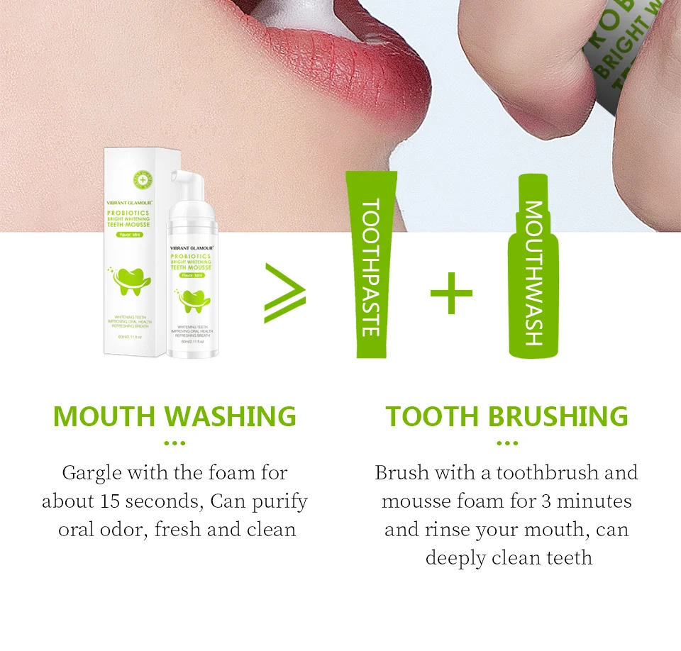 VIBRANT GLAMOUR Tooth Whitening Mousse Mint Toothpaste Remove Plaque Stains Oral Odor Bright Teeth Fresh Breath Oral Care Tool