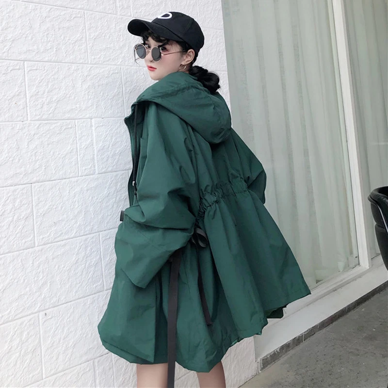 Neploe Harajuku с капюшоном куртка с затяжкой, больше обычного размера, длинный поясом тонкая талия пальто Новинка осени Для женщин стиль сафари куртки 54826