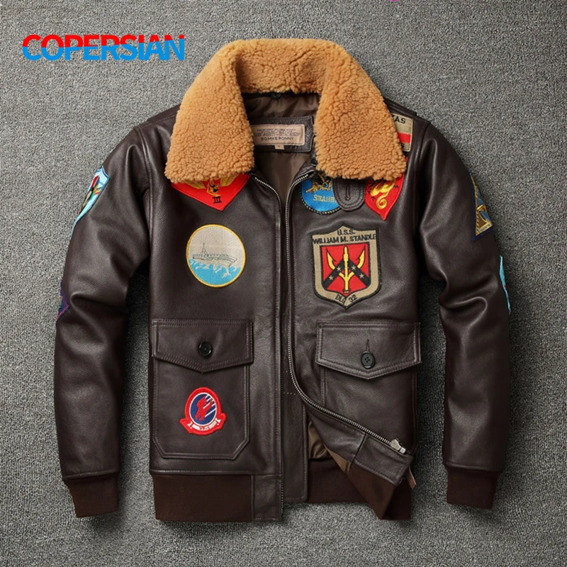 G1 Air Force Flight Leather Jacket Men's Wool Collar Top Layer Cowhide  and Cotton Jacket Top Gun same as Tom men's winter genuine leather coats & jackets