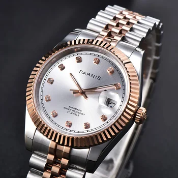 

Parnis 39.5mm Rose Gold Bezel Automatic Movement Men's Mechanical Watches Calendar Stainless Steel Case Men Watch moda masculina