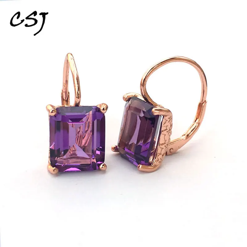

CSJ Amethyst quartz gemstone Earring Sterling 925 Silver oct 9*11mm 8Ct Fine Jewelry For Women Lady or mother engagement gift