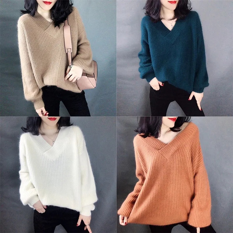 Loose Casual Lantern Sleeve Mohair Thicken Sweater Women Fashion Trend Simple V-neck Solid Color Pullover Sweater