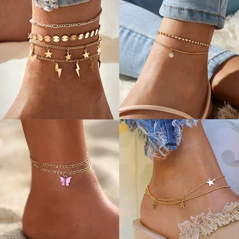 

17KM Bohemian Star Lightning Anklet for Women Gold Multilayer Crystal Anklets Shell Chain Foot Bracelet on Leg Beach Jewelry