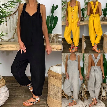 

2020 Women Casual Solid Strappy Dungarees Vintage Cotton Linen Loose Rompers Party Women Casual Long Harem Overalls Jumpsuits