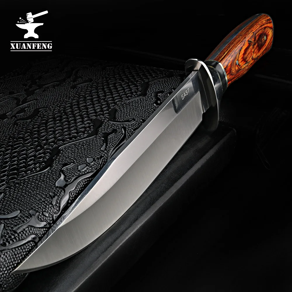 

XUAN FENG Outdoor tactical straight knife with wooden handle with sharp blade North American hunting knife + leather case