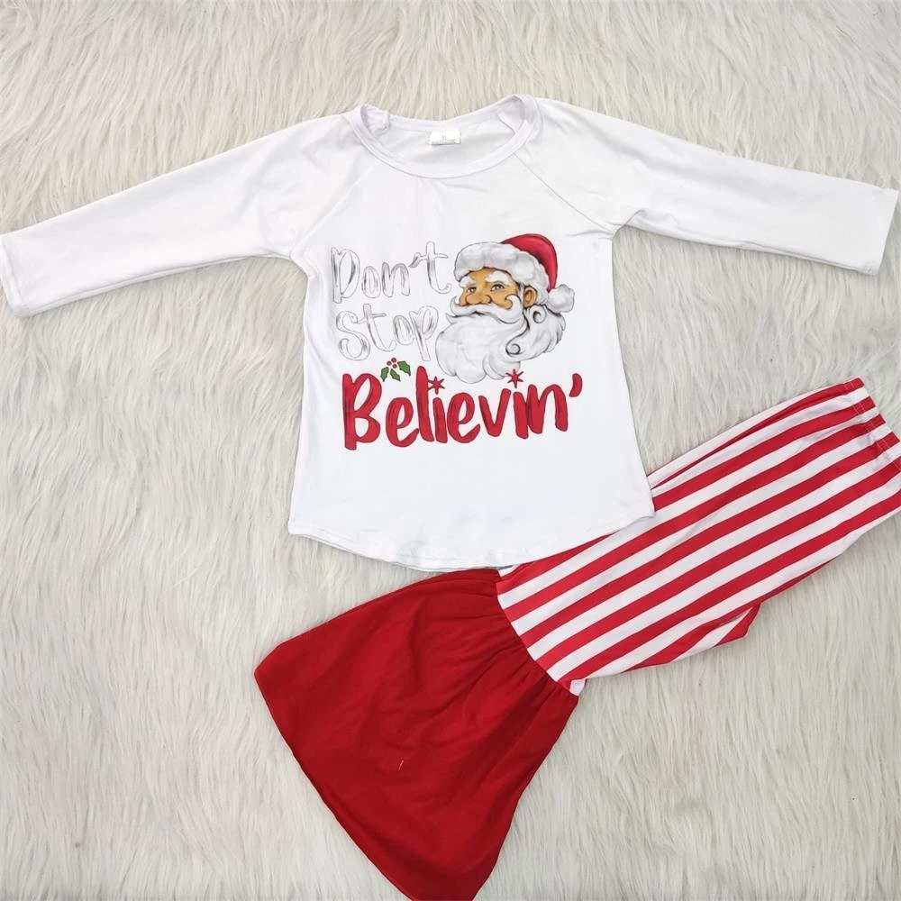 

New arrival Santa outfits baby girls cartoon tops+striped flare pants 2 pcs set christmas kid children's clothing suits gxj