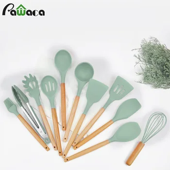 

12 Pcs/Set Silicone Kitchen Utensil Set with Beech Wood Handle Heatproof Cooking Tool Kitchenware Set Spatula Shovel Soup Spoon