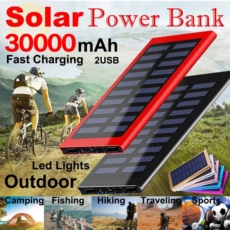 

30000mAh Ultra-high Capacity Solar Power Bank Portable Charger High-Speed Charging External Battery Packs with Led Flashlight