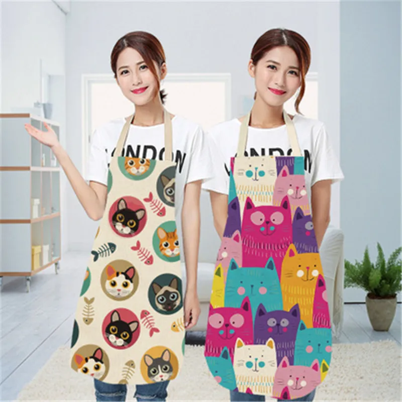 Cute Cats Printed Kitchen Aprons for Women Sleeveless Cotton Bib Household Cleaning Apron Waterproof Chefs Cooking Baking Apron