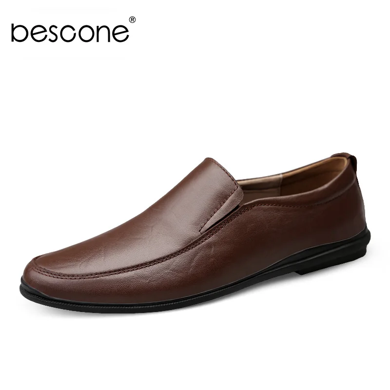 Brown BESCONE/Мужские модельные туфли; деловые Кожаные слипоны; повседневные мужские туфли на плоской подошве; удобные офисные туфли для вождения; 1958 - Цвет: Brown