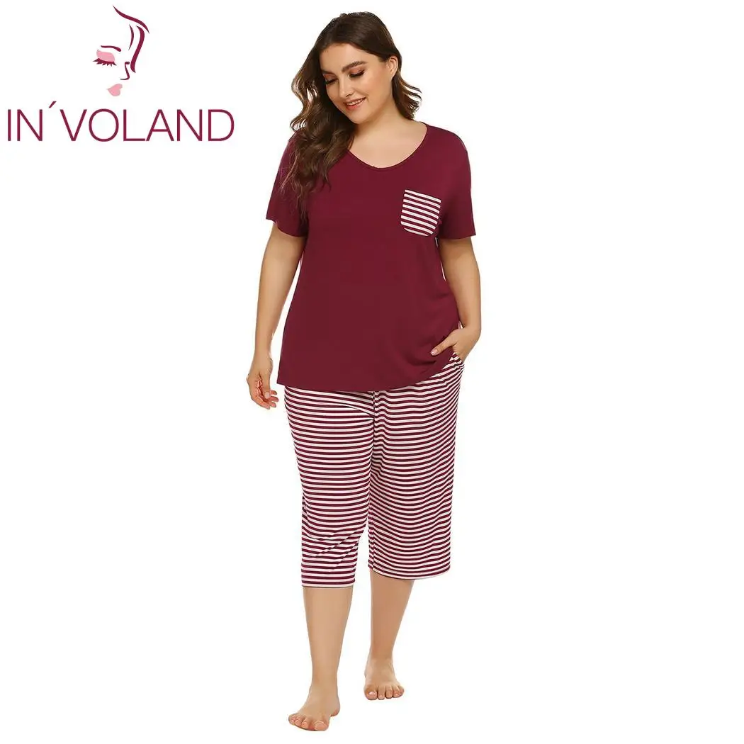 IN'VOLAND Women Sleepwear Set Casual Summer Striped Short Sleeve Tops with Capri Pants Pajama Sets Summer Nightwear IN'VOLAND Women Sleepwear Set Casual Summer Striped Short Sleeve Tops with Capri Pants Pajama Sets Summer Nightwear