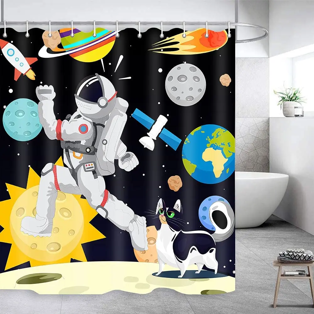 Outer Space Shower Curtain Cartoon Galaxy Astronaut and Cute Cat Animal Pattern Bathtub Screen Waterproof Bathroom Home Decor