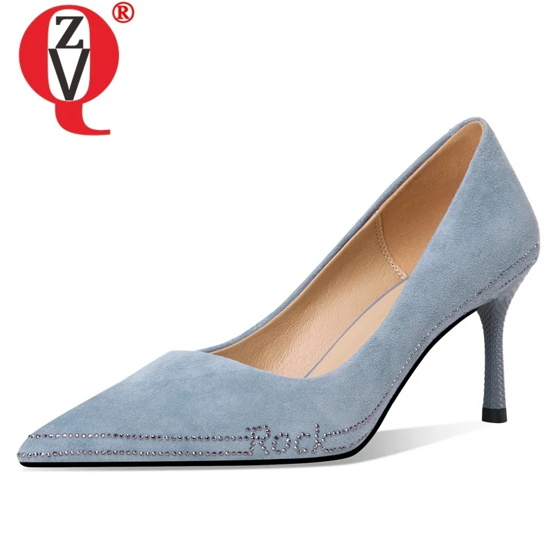 

ZVQ spring new fashion work women pumps outside high heels pointed toe kid suede crystal women shoes drop shipping size 34-39