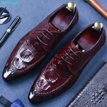 

QYFCIOUFU Genuine Leather Mens Dress Shoes Pointed Toe 2019 Italian Oxfords Crocodile Pattern Cow Leather Formal Shoes Lace Up