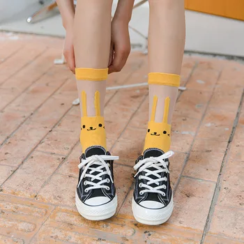 

Korean Style Women Socks Cute rabbit Glass Crystal Silk Thin Transparent Summer Sock Women's Fashion Candy Color Silk Socks