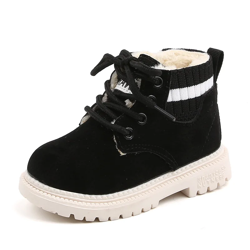 Winter Kids Boots Fashion Boys Martin Boots Plus Velvet Warm Children's Cotton Shoes Waterproof Leather Toddler Girl Snow Boots - Цвет: Velvet Black