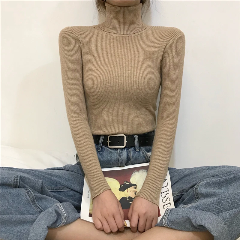 oversized sweaters Autumn Winter New Women Knitted Pullover Long Sleeve Ribbed Casual Slim Knit Sweater Female Turtlenck Solid Basic Kintwear Femme white sweater Sweaters