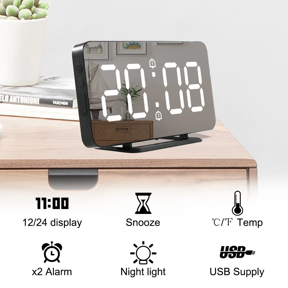 Digital LED Alarm Clock Snooze Display Time Night Led Table Desk 2 USB Charger Ports for Androd Phone Alarm Mirror Clock