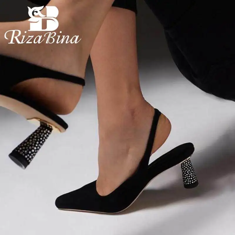 

RIZABINA Real Leather Women Spring Pumps Shoes Fashion Slingback Crystal Round Heels Shoes Women Pointed Toe Footwear Size 34-43