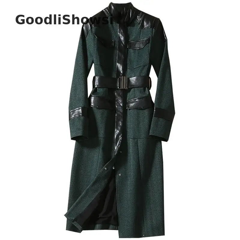 GoodliShowsi, новинка весны, высококлассные женские тренчи, кожаные Лоскутные однобортные пальто с поясом, Трендовое пальто - Цвет: Зеленый
