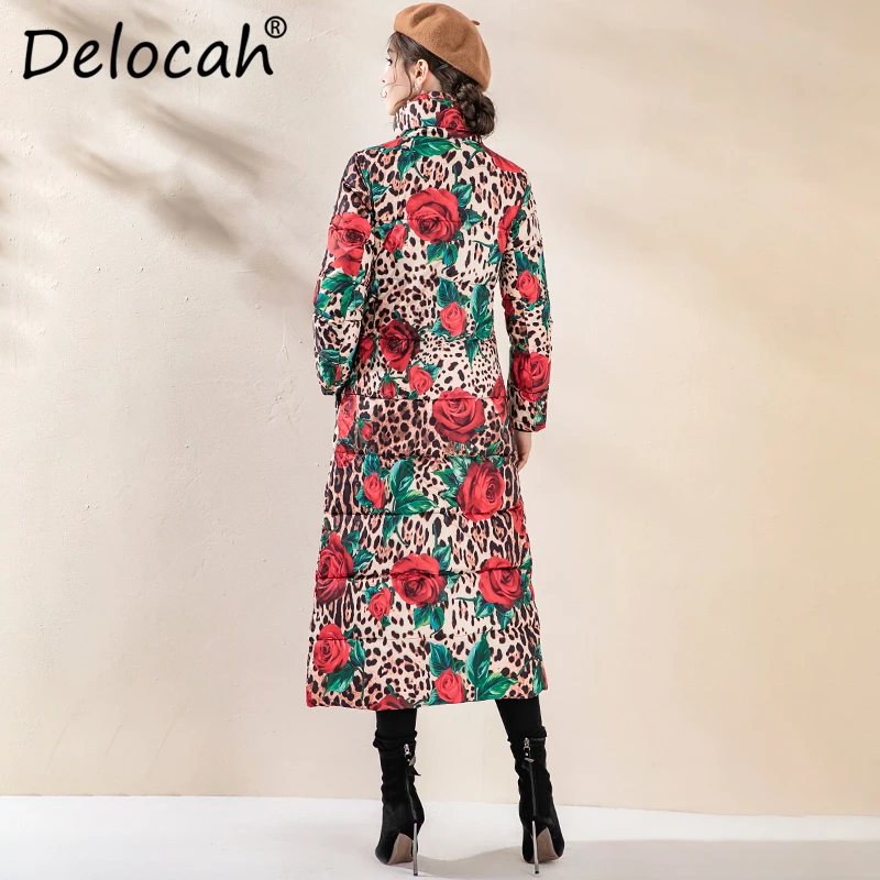 Delocah теплая куртка-пуховик на 90% белом утином пуху модный Дизайнерский Костюм с принтом розы зимние женские пальто с капюшоном