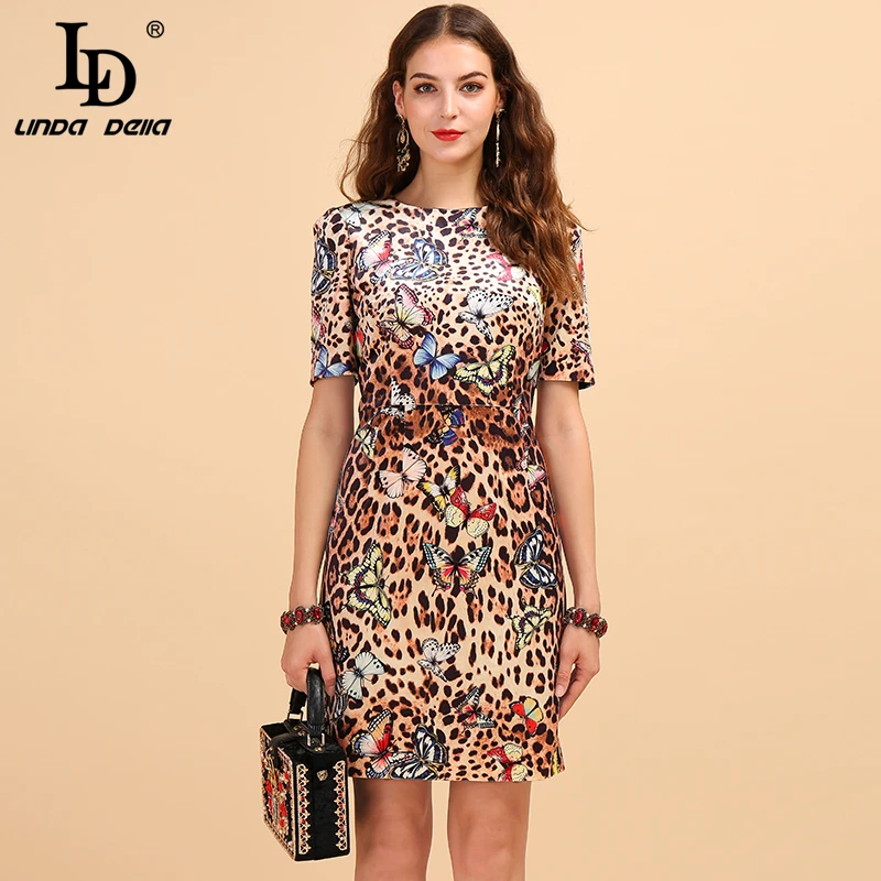 

LD LINDA DELLA Autumn Fashion Runway Vintage Velvet Dress Women's Short Sleeve Butterfly Leopard Printed Slim Elegant Dress