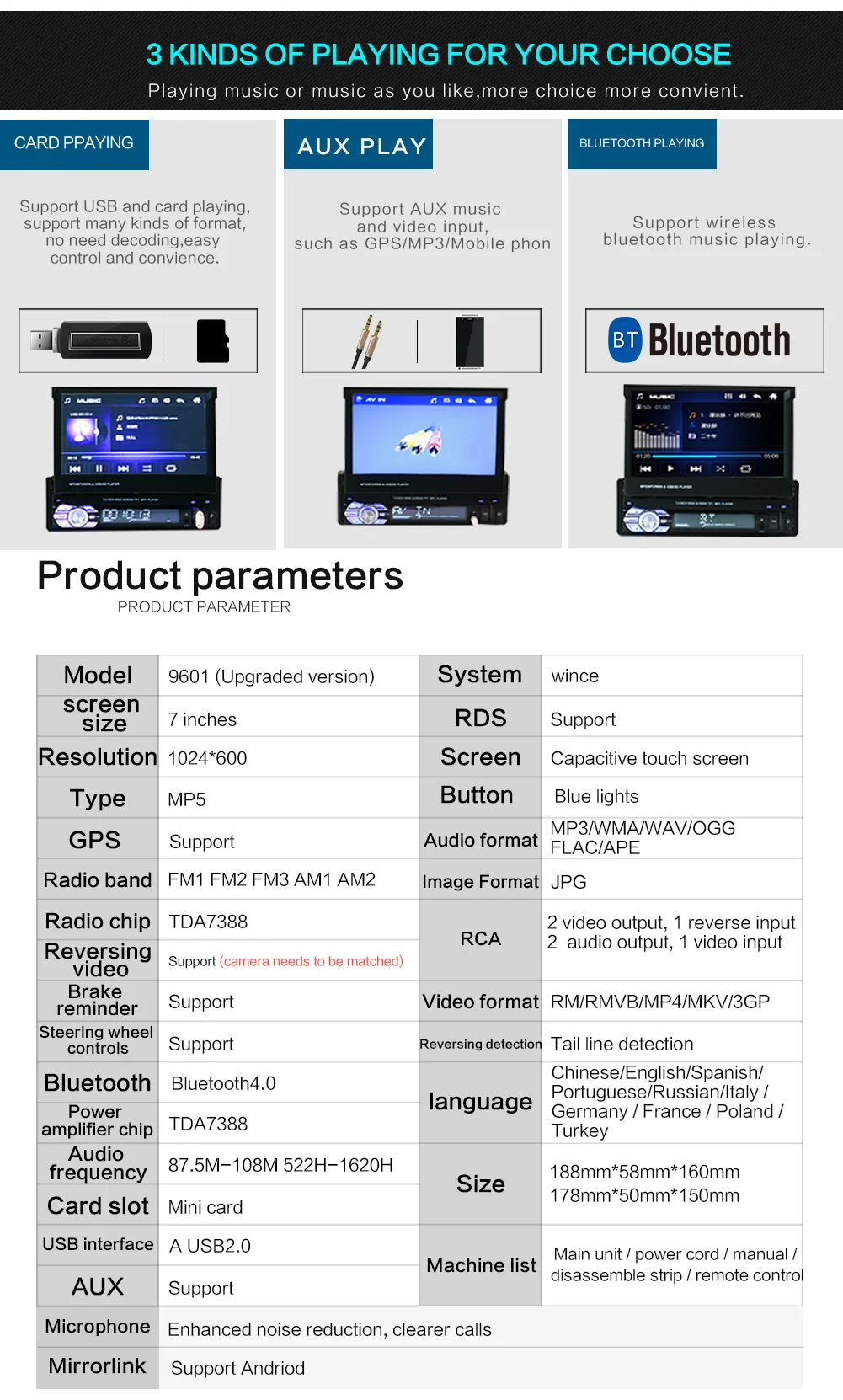 Автомобильный стерео приемник 1din аудио Bluetooth радио с " HD выдвижной сенсорный экран монитор MP5 плеер SD FM USB камера заднего вида