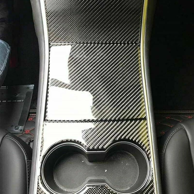 Real Carbon Fiber Center Console Cup Holder Panel Cover Trims Fit For Tesla Model 3