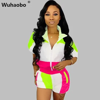 

Wuhaobo Plus Size S-2XL Fashion Two Piece Set Color Patchwork Sportwear Mid-Sleeve And Short Pants With Zipper Womens Tracksuit