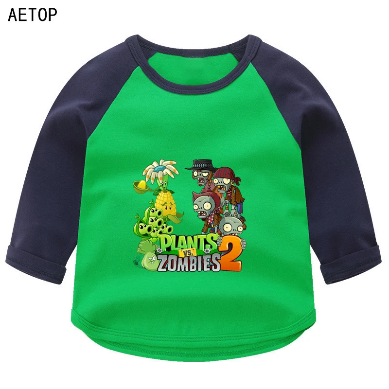 Летнее платье с изображением героев «plants vs zombies, с круглой горловиной, с принтом топы для мальчиков и девочек, яркого цвета, с длинным рукавом с изображением мультипликационных персонажей для детей футболка для детей - Цвет: as picture