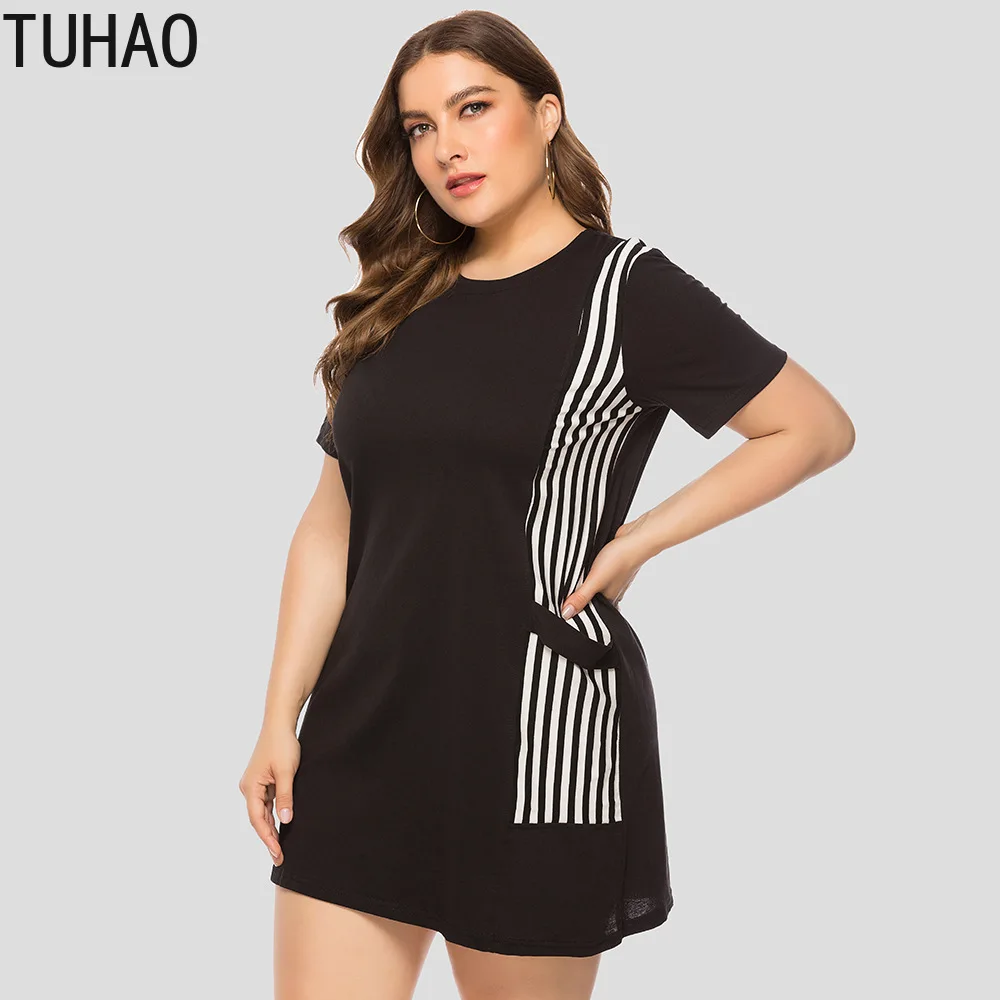 TUHAO женское платье больших размеров 5XL 4XL 3XL в полоску черного цвета офисное женское летнее Повседневное платье с коротким рукавом для женщин